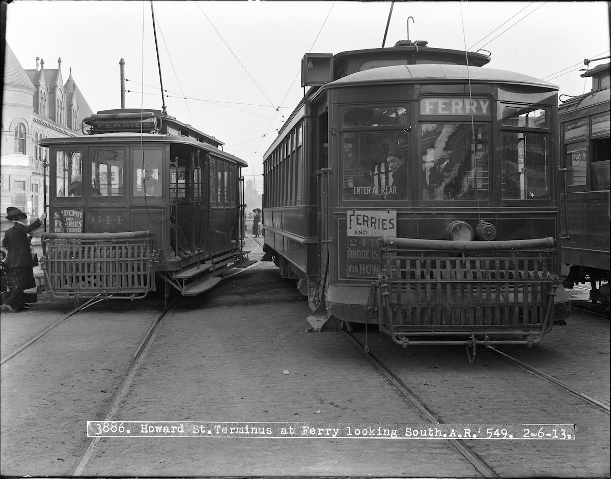 In this 1913 photo, streetcars await passengers at the terminal of the Howard Street Line just south of the Ferry Building.