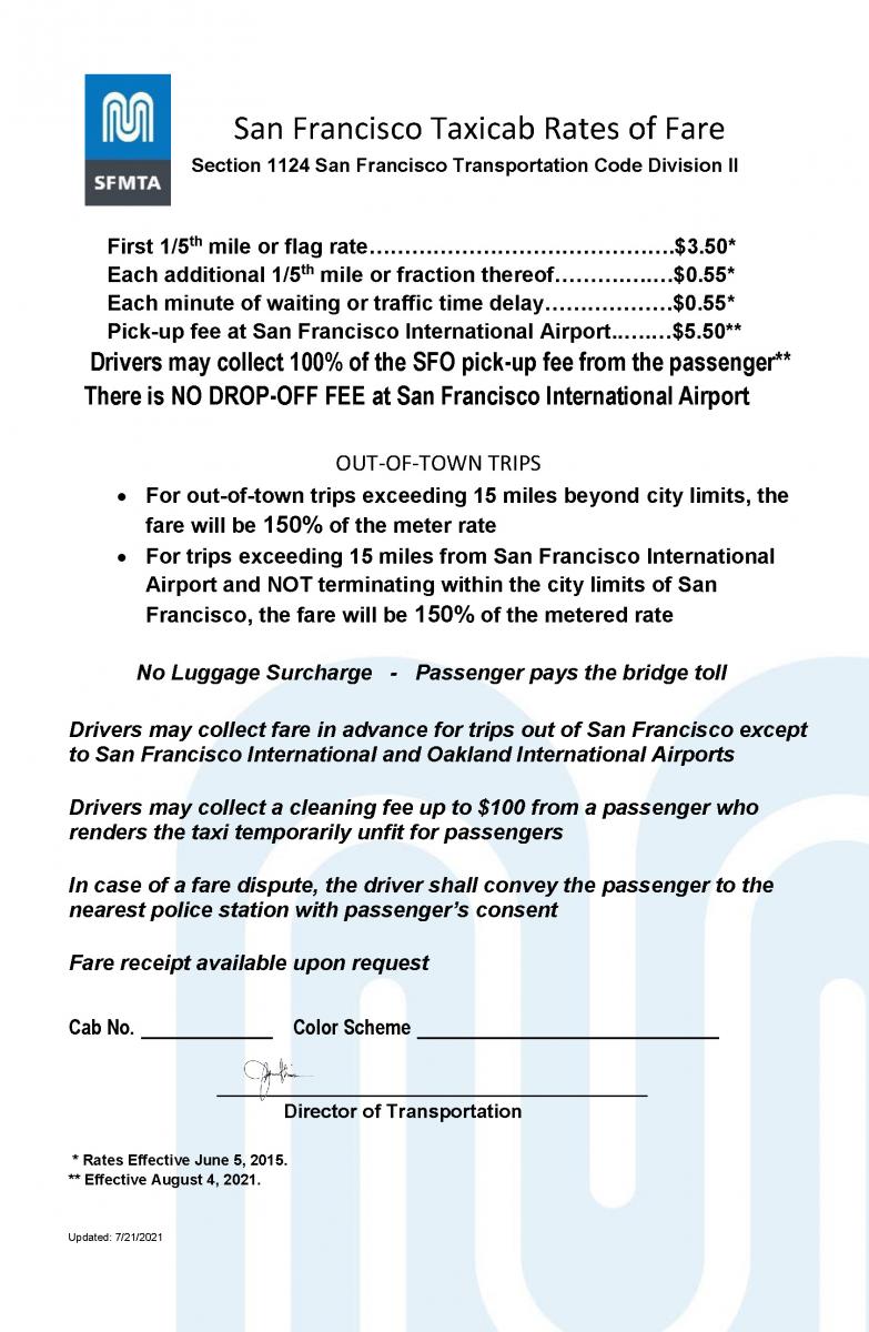 Taxicab Rates of Fare Signed Notice 2021.07