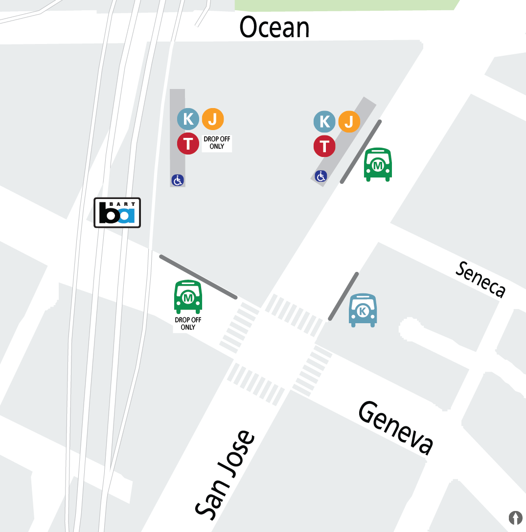 Map of stops near Balboa Park showing the J and KT trains and M and K buses.