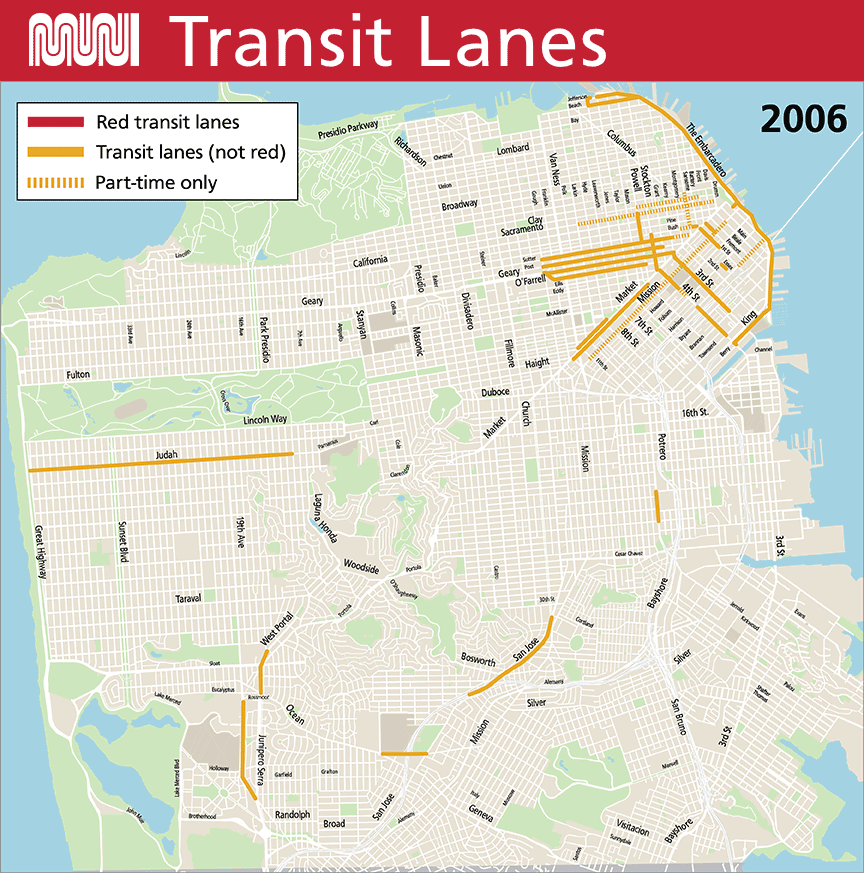 A map showing the expansion of transit lanes in San Francisco from 2006 to 2021, as well as lanes that are coming soon. A summary of key highlights from the map is included in the accompanying blog post.