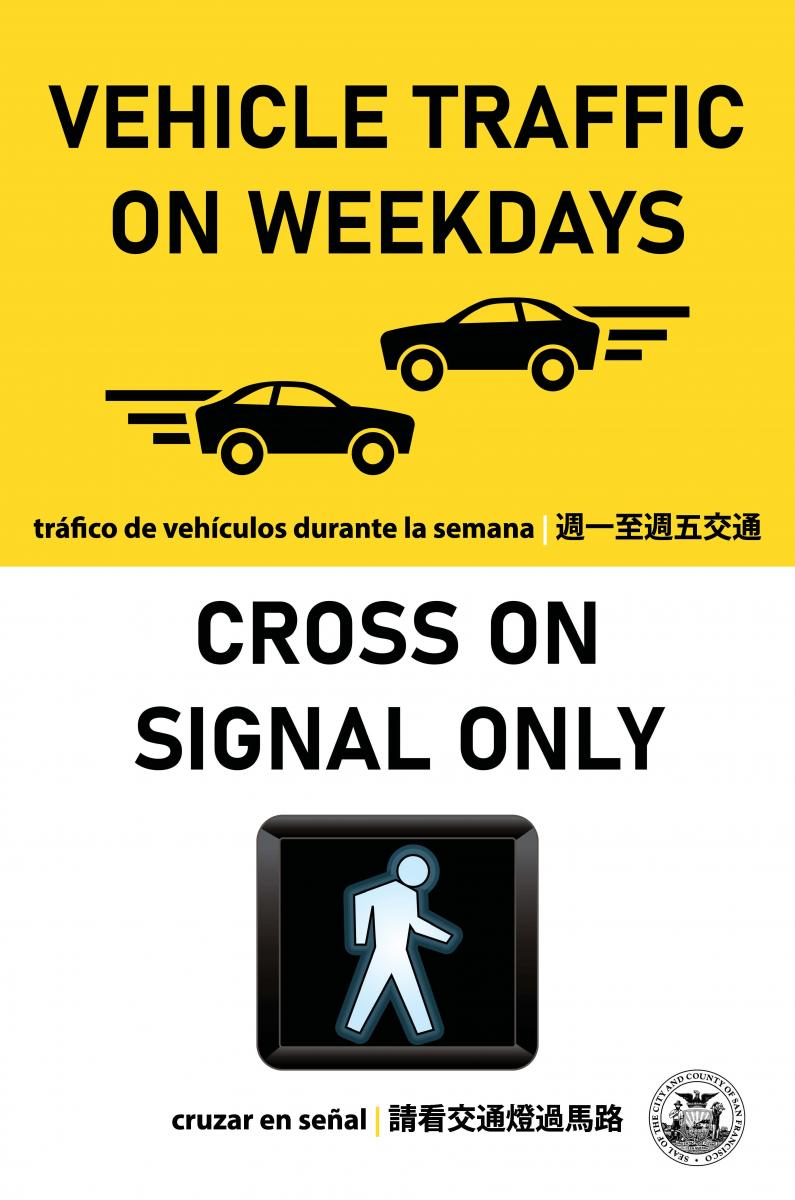 Graphic image with cars stating "vehicle traffic on weekdays, cross on signal only" in reference to the Great Highway