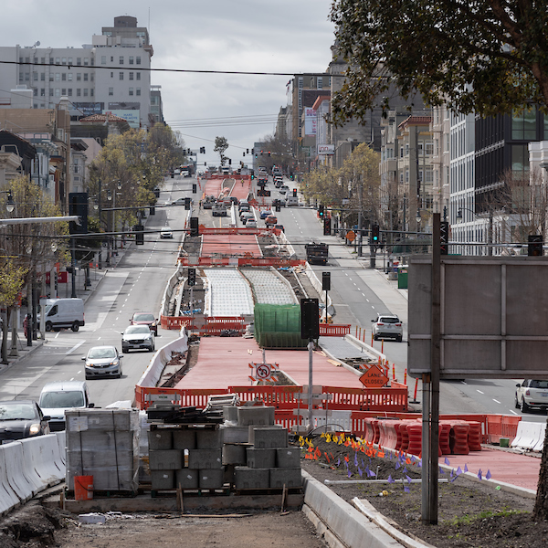 Red concrete for Bus Rapid Transit lanes has been poured along Van Ness between Union and Filbert.