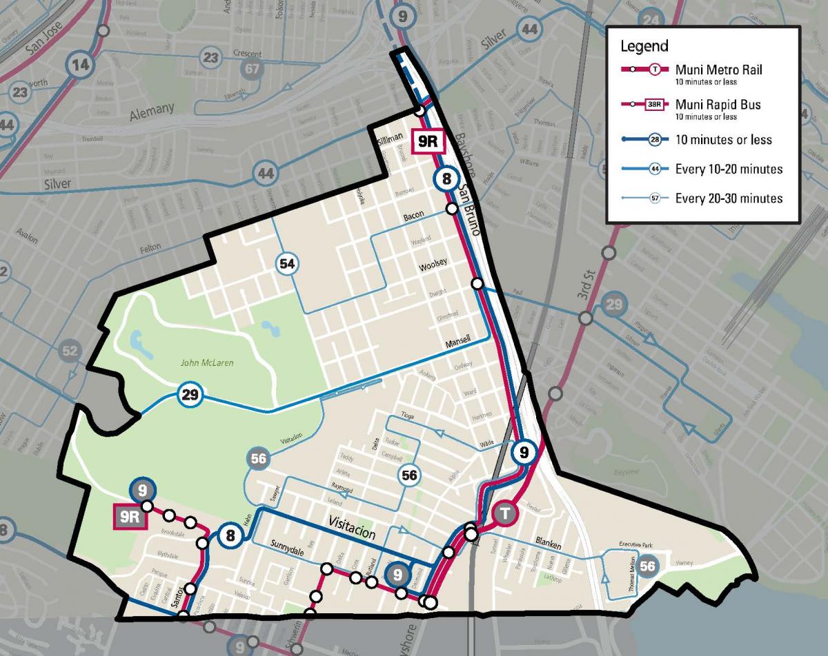 Vis Valley Portola project area map. Project area includes parts of Portola & Visitacion Valley neighborhoods, bounded on the east San Bruno, west by McLaren Park, north by Felton Street, south by the San Francisco county line. 