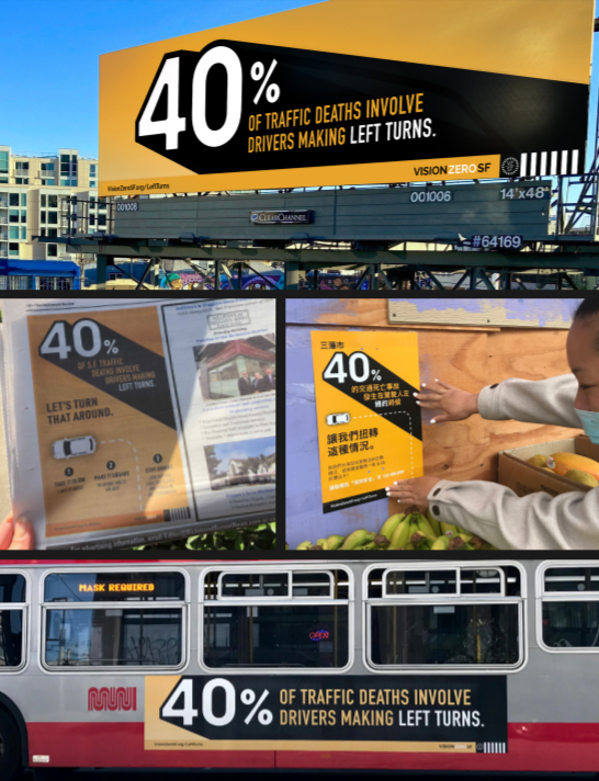 montage of three posters and a sign on a bus that state 40% of traffic deaths involve drivers making left turns