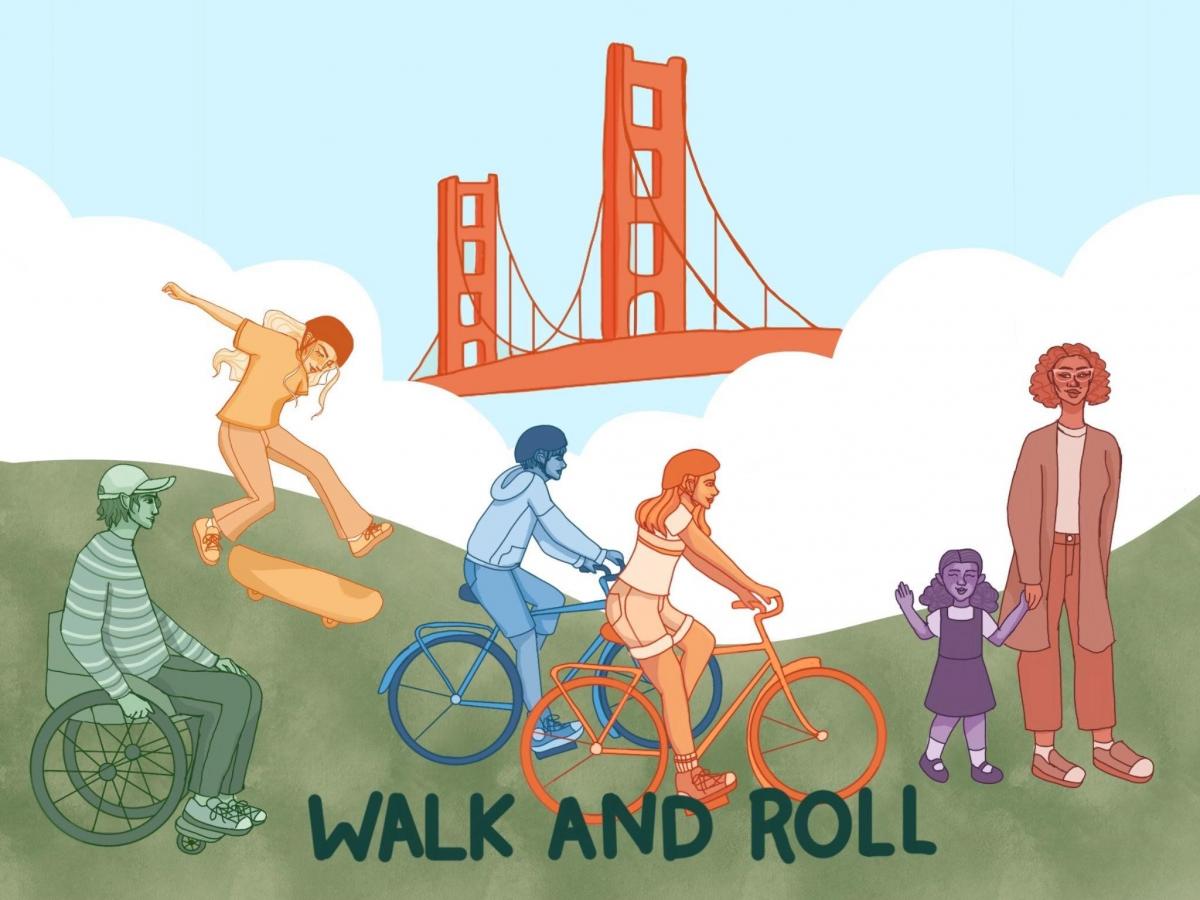 Cartoon image of people walking, biking, skateboarding and using a wheelchair