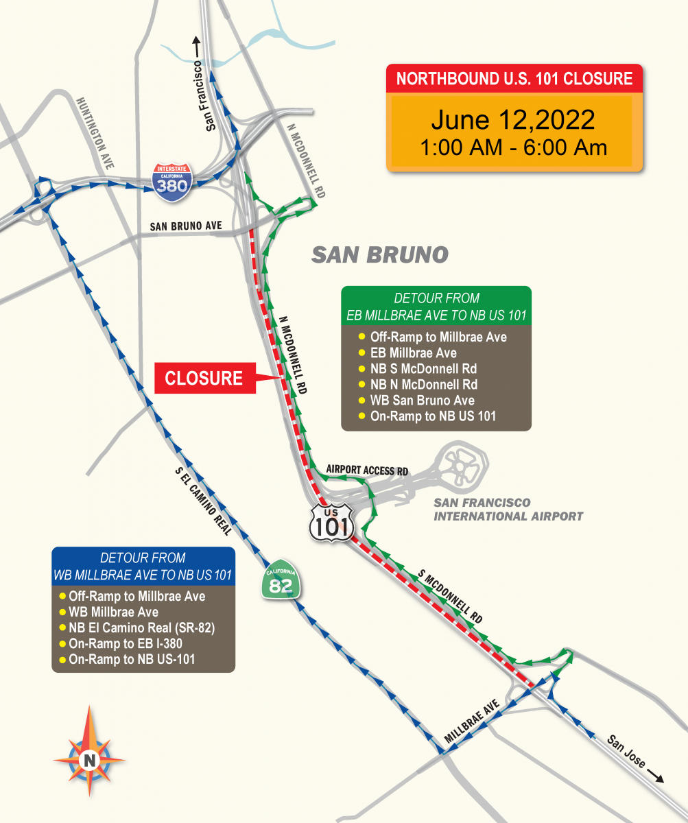 Map showing the closure of 101 highway and direction of the reroute of traffic