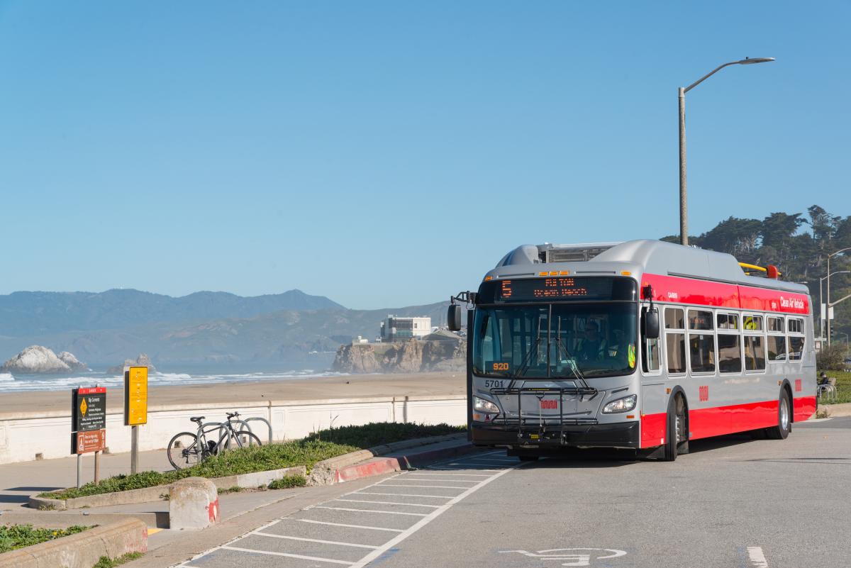  Image of a Muni bus stopped along Ocean Beach in San Francisco.