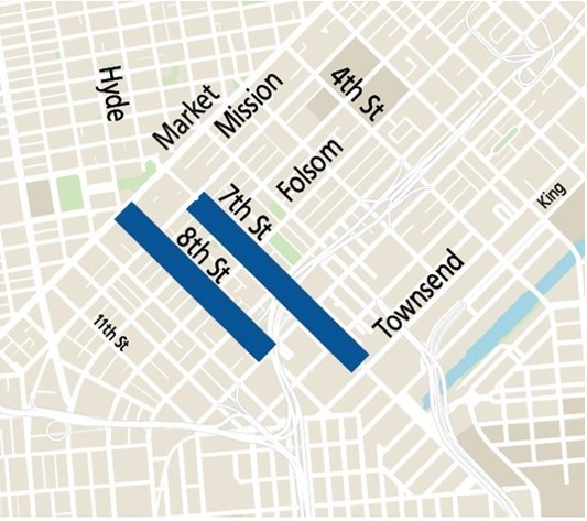 Map showing that transit lanes were installed on 7th Street and 8th Street