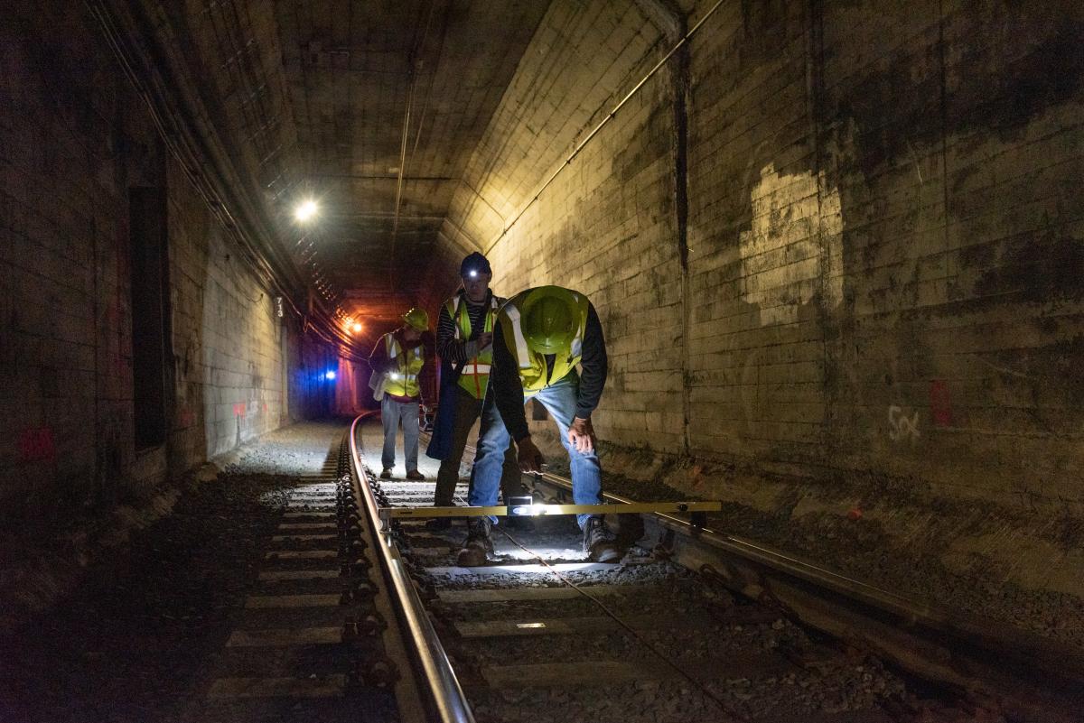 Maintenance of Way Engineering conducting track and ballast inspections during early subway shutdowns.