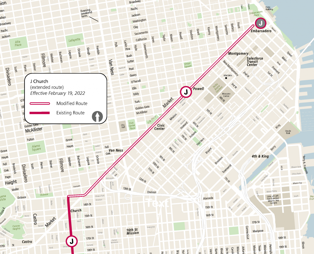 Map of J Church extension from Church & Duboce to Embarcadero Station