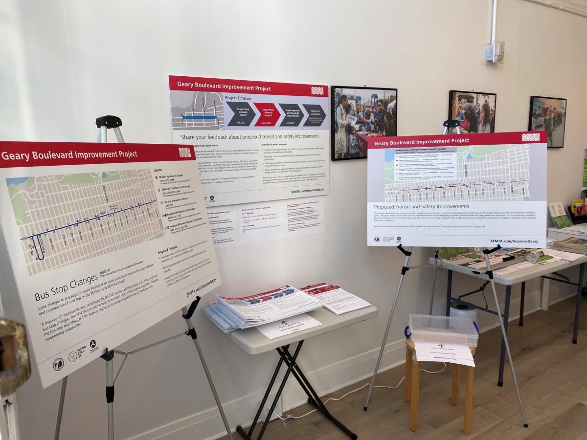 Image of Geary Boulevard Improvement Project materials, including project boards, project drawings and surveys, for the open house at One Richmond