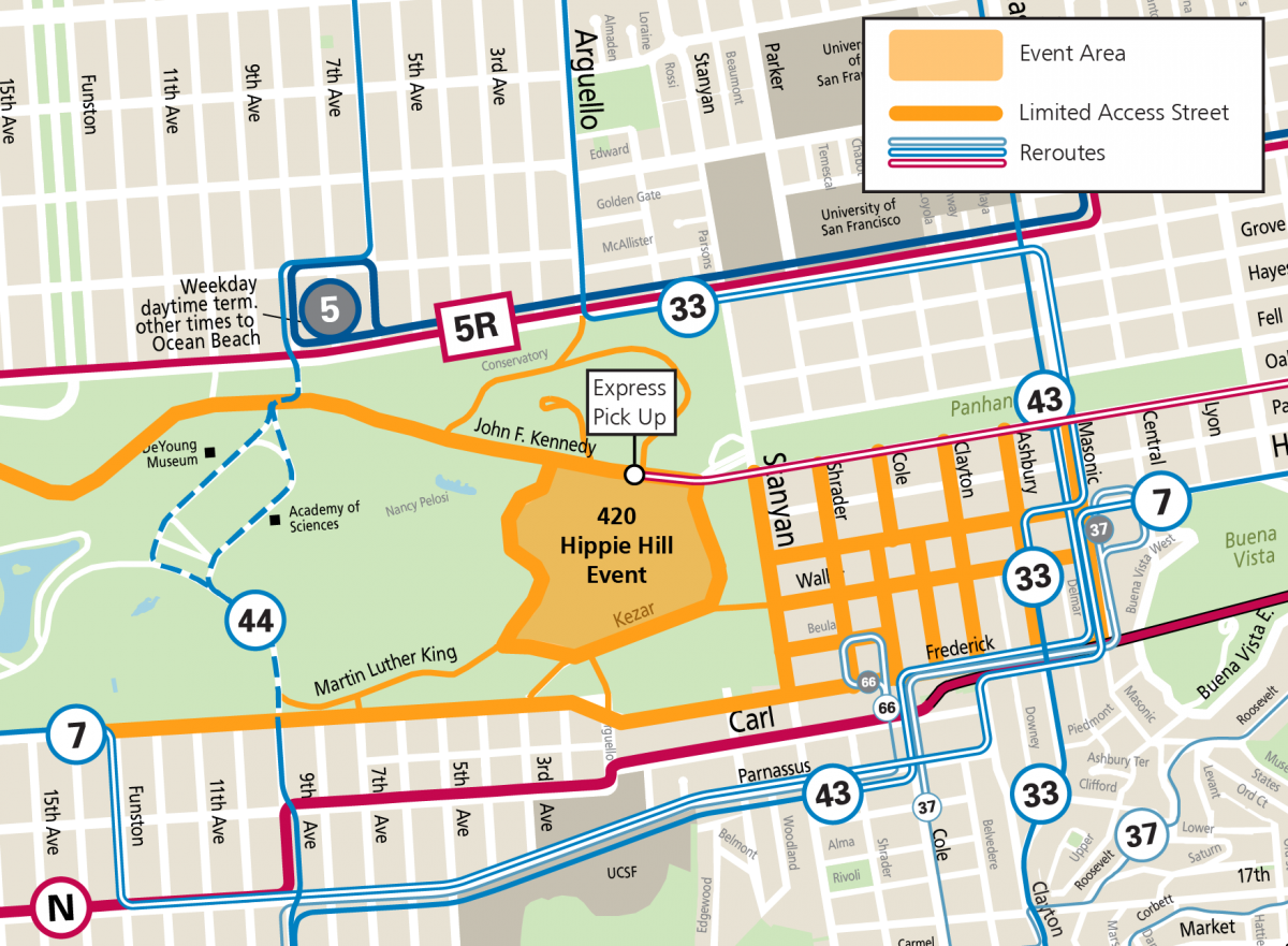 Event area is identified as in Golden Gate Park, bounded by JFK, Kezar, Bowling Green, & Nancy Pelosi. Map shows nearby routes that are rerouted. The rerouted routes are 7, 33, 37, 43, and 66. See page text for description. The map shows nearby routes that may experience crowding due to proximity to the event, including 5, 5R, 44, and N Judah. The event shows the Civic Center Express bus route pick up location on JFK at Conservatory Drive East. 