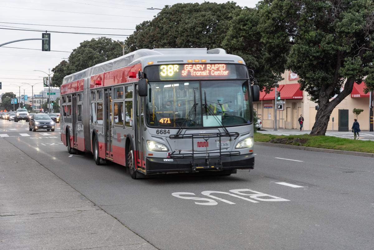 Muni bus traveling in the transit lane on Geary Boulevard. 