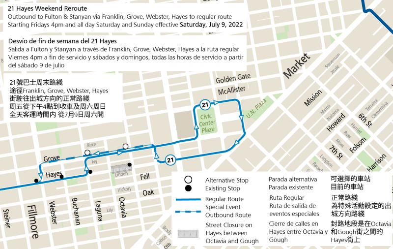 21 Hayes Friday evening & weekend Grove St. reroute map