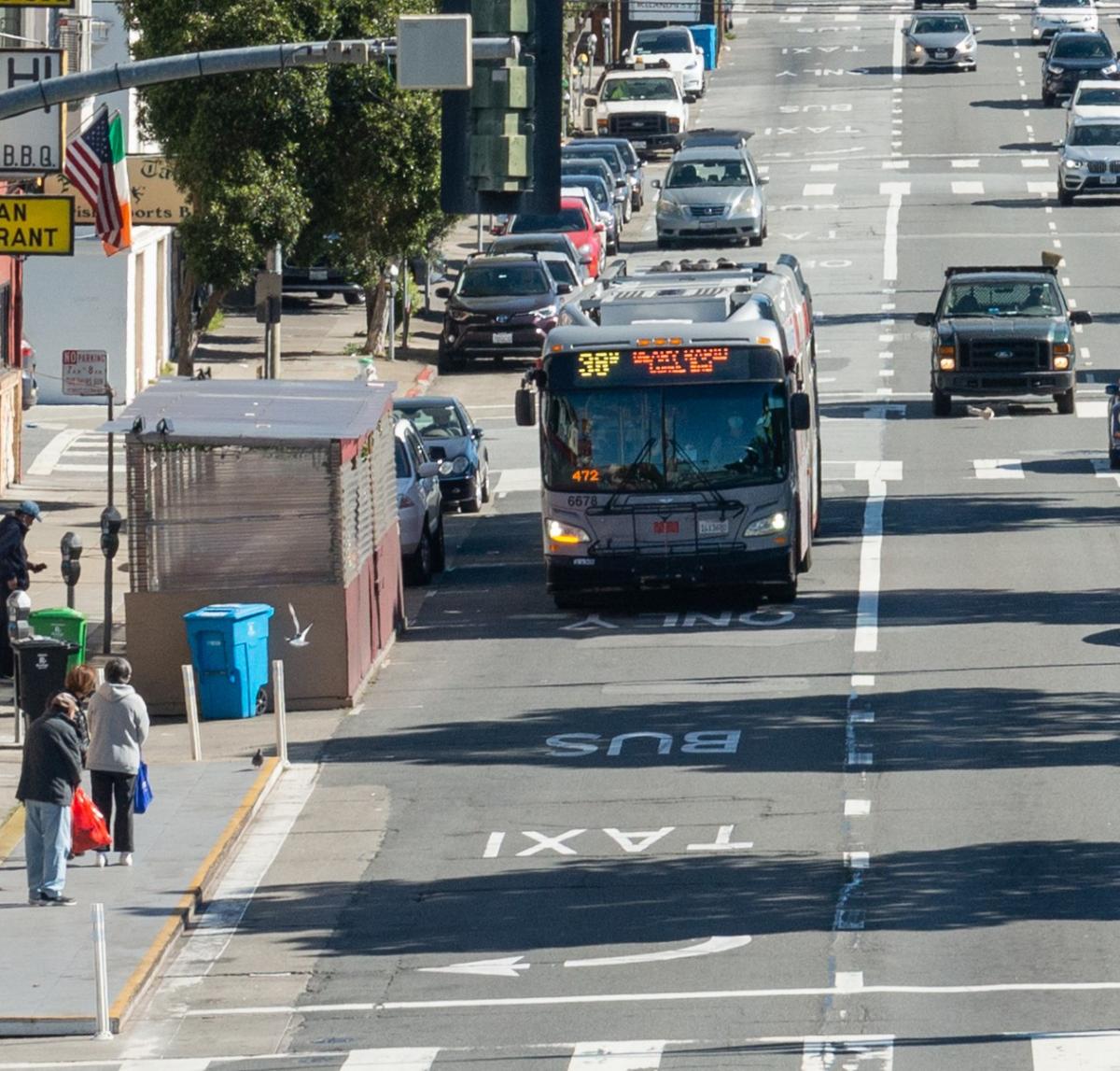 38 Geary bus traveling in transit lane. 