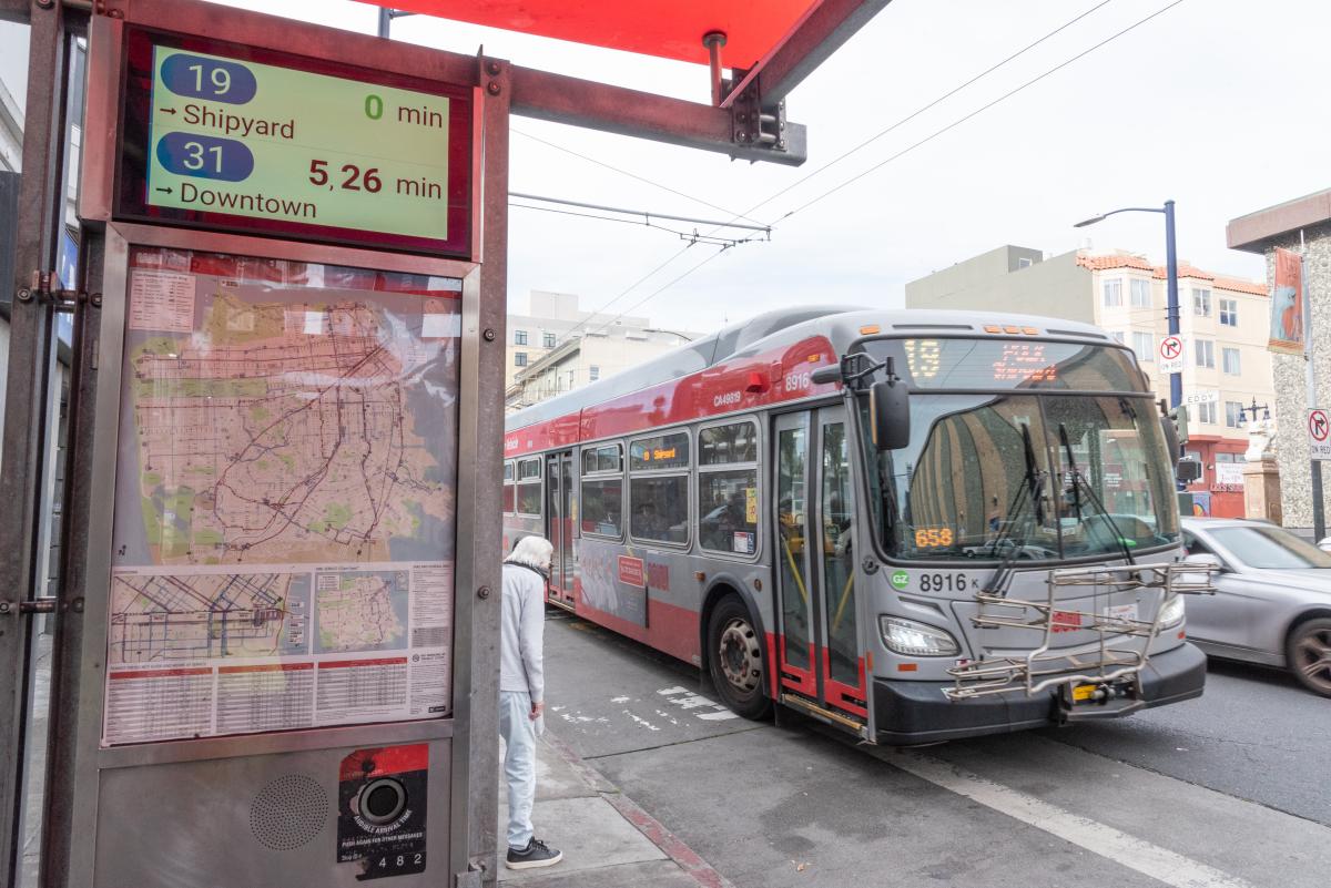 New Muni information screen at a bus shelter above Muni system map. 