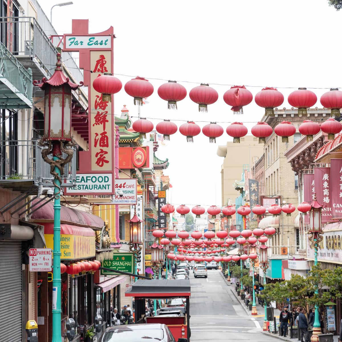 Image of Grant Avenue in Chinatown with red lanterns strung across the street from building face to building face.