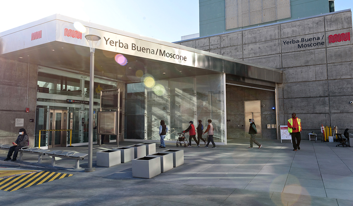 Outside view of people entering the Yerba Buena/Moscone station