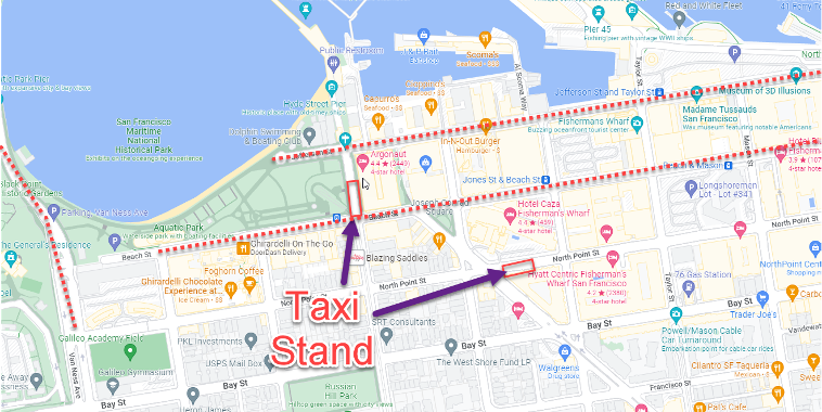 Map of Fishermans Wharf area showing location of taxi stands; no explanation provided for various red dotted lines added to the map