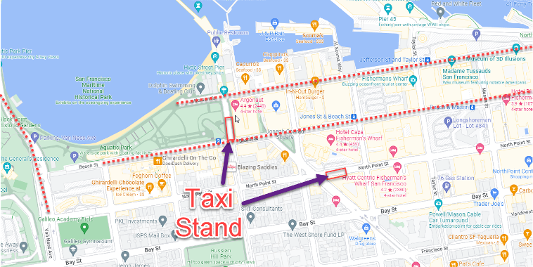 Map of the Fisherman's Wharf area showing taxi stands on North Point east of Columbus and on Hyde north of Beach 