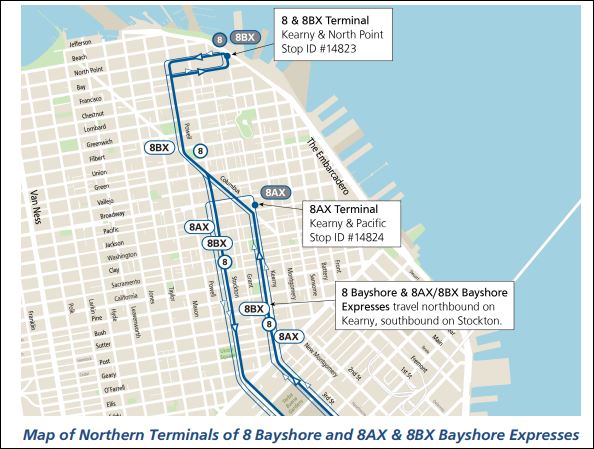 Map of Northern Terminals of 8 Bayshore, 8AX & 8BX Bayshore Expresses