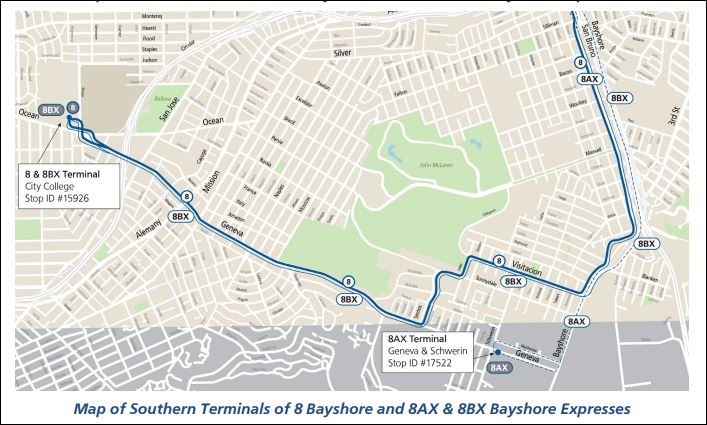 Map of Southern Terminals of 8 Bayshore, 8AX, 8BX Bayshore Expresses