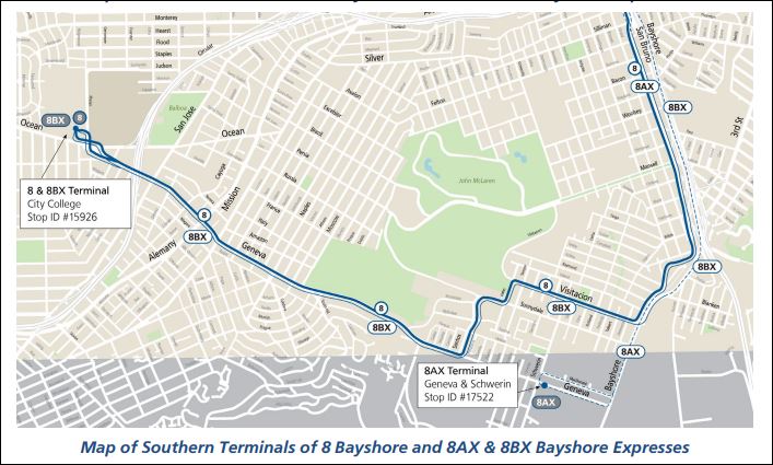 Map of Southern Terminals of 8 Bayshore, 8AX, 8BX Bayshore Expresses