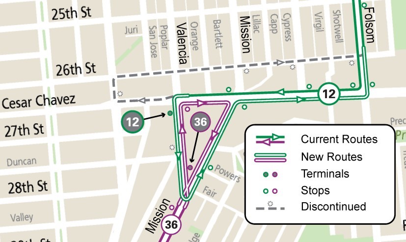 Map of 12 & 36 route and stop location changes effective 1/7/2023