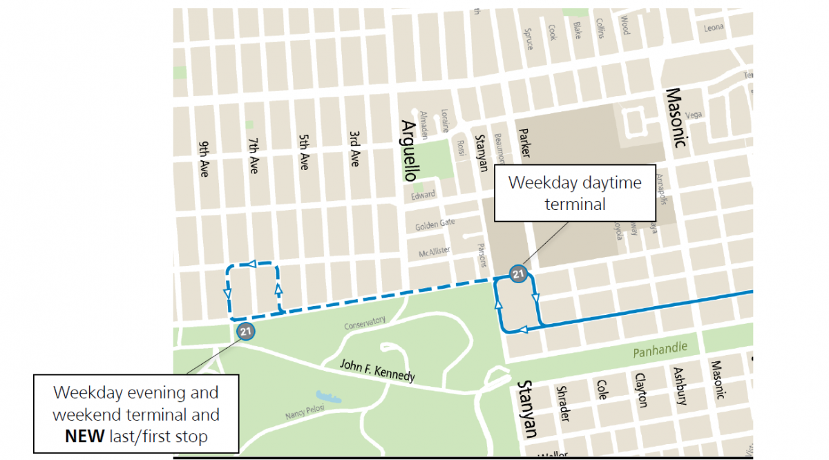 Map of 21 Hayes route extension that will take place after 7 p.m. on weekdays and all day on weekends, effective Jan. 7, 2023