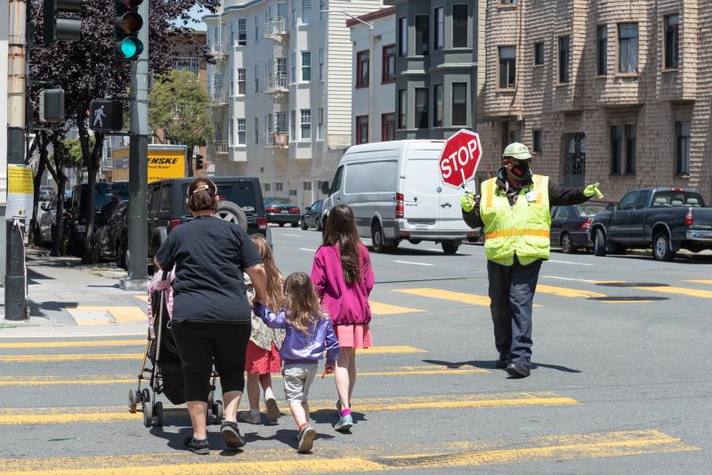 School Crossing Guard James Moore at Sherman Elementary School on Franklin Street. May 2022