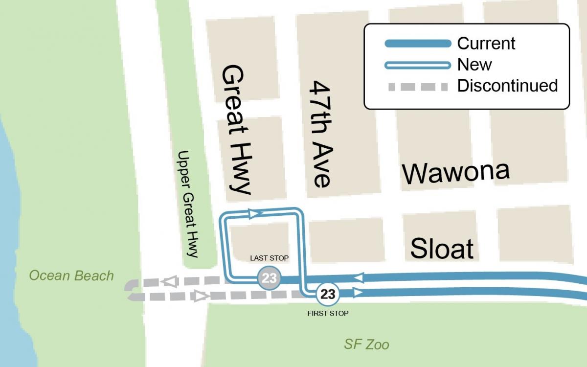 Map of 23 Monterey route and stop changes effective 1/7/2023