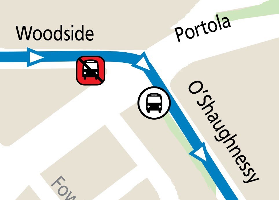 Map of stop relocation from the north side of Portola to the south side, on Woodside Ave., for the outbound 44 O'Shaughnessy effective Jan. 7, 2023