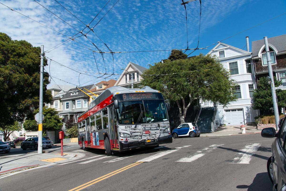 6 Haight/Parnassus bus shown turning a corner in the Haight Ashbury district