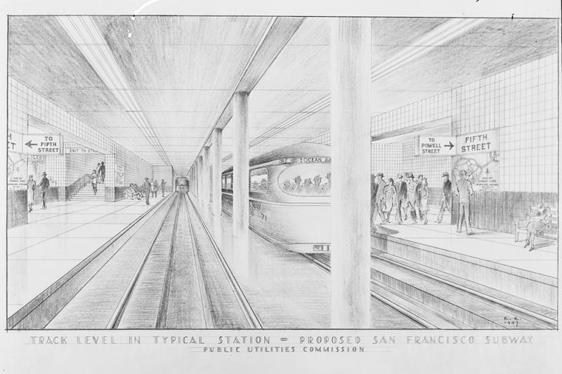 Drawing of subway station showing streetcars, platforms, signage, people and tracks. Drawing is titled "Track level in typical station. Proposed San Francisco subway. Public Utilities Commission." Signs in drawing read "Fifth Street" as station name, directional signs reading "To 5th Street", "Exit to 5th", "To Powell Street". Streetcar headsign reads "Ocean Avenue".