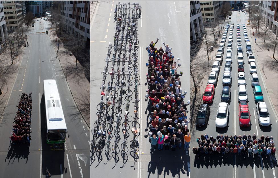 Side-by-side photos of people on a bus, on bikes and in cars; showing a lot more space on road when people use bikes or buses.