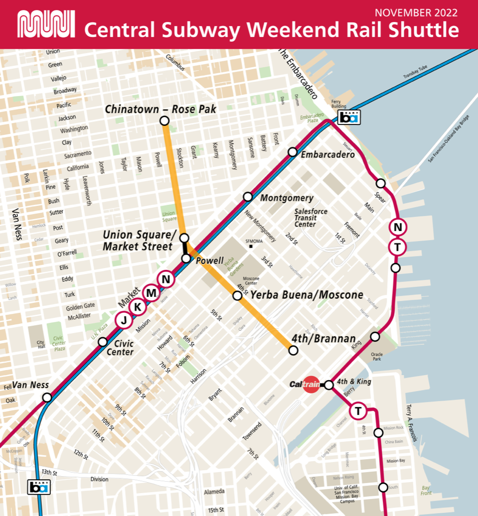 Map showing the existing Muni Metro system's J, K, L Bus, M, N and T lines with the new Central Subway connecting at Powell Station. The Central Subway goes to Chinatown-Rose Pak Station at Stockton and Clay, Union Square/Market Street Station at Geary and Stockton, Yerba Buena/Moscone Station at 4th and Folsom and 4th & Brannan Station at 4th and Brannan.