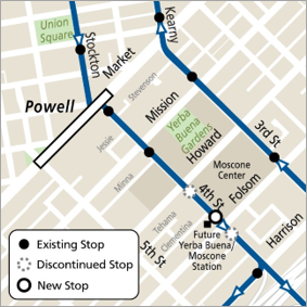 Map of stop changes near Yerba Buena/Moscone Station in SoMa