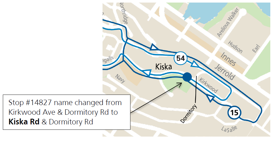 Map showing renamed stop at Kiska Rd and Dormitory Rd.