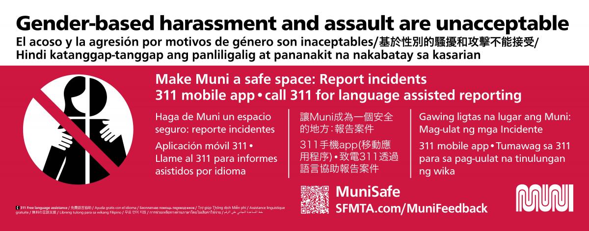 Muni car cards with new symbol with hands off body indicating no gender-based harassment. Further accessible version available in link below.