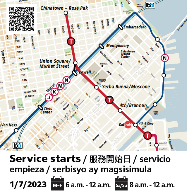 Map showing new T Third Muni Metro routing connecting to Central Subway at 4th and Brannan from 4th and King, and extended through the new Yerba Buena/Moscone Station, Union Square/Market Street Station and Chinatown-Rose Pak Station.