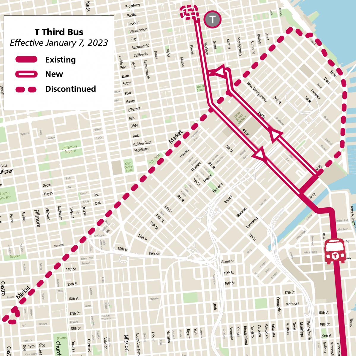 Map of T Third Street bus route effective January 7, 2023