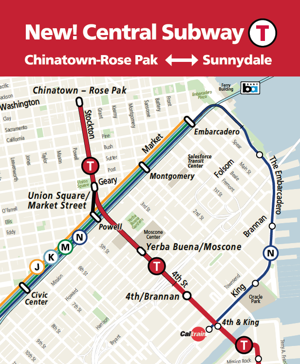 Map showing the new alignment of the T Third to Chinatown-Rose Pak Station, connecting from 4th and King streets and continuing north to Central Subway; existing Muni Metro system's J Church, K Ingleside and M Ocean terminating at Embarcadero Station; the N Judah continuing along the Embarcadero to Caltrain at 4th and King streets.