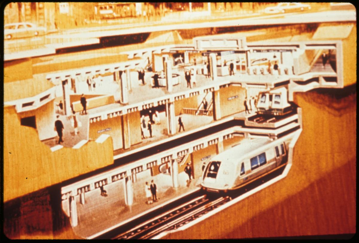 Image of cutaway drawing showing underground subway with Muni and BART trains inside