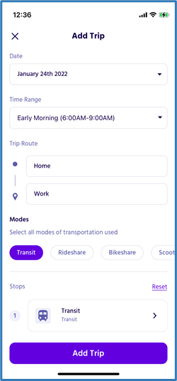 Example of Add Trip screen window in app