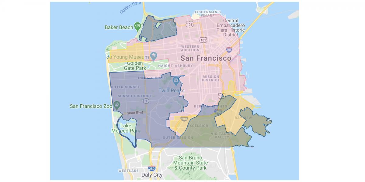 City map showing Bay Wheel service area