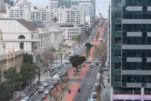 Aerial view of the Van Ness Avenue corridor featuring the BRT's signature red transit lanes