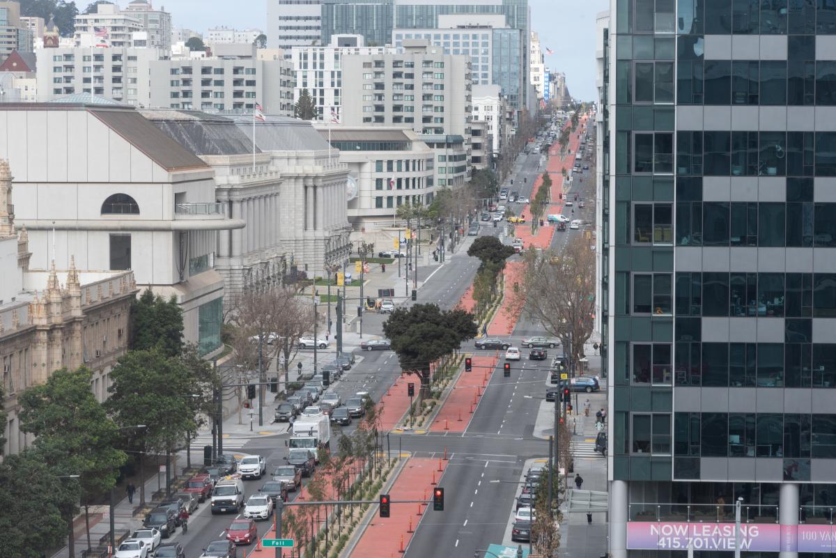 Aerial view of the Van Ness Avenue corridor featuring the BRT's signature red transit lanes
