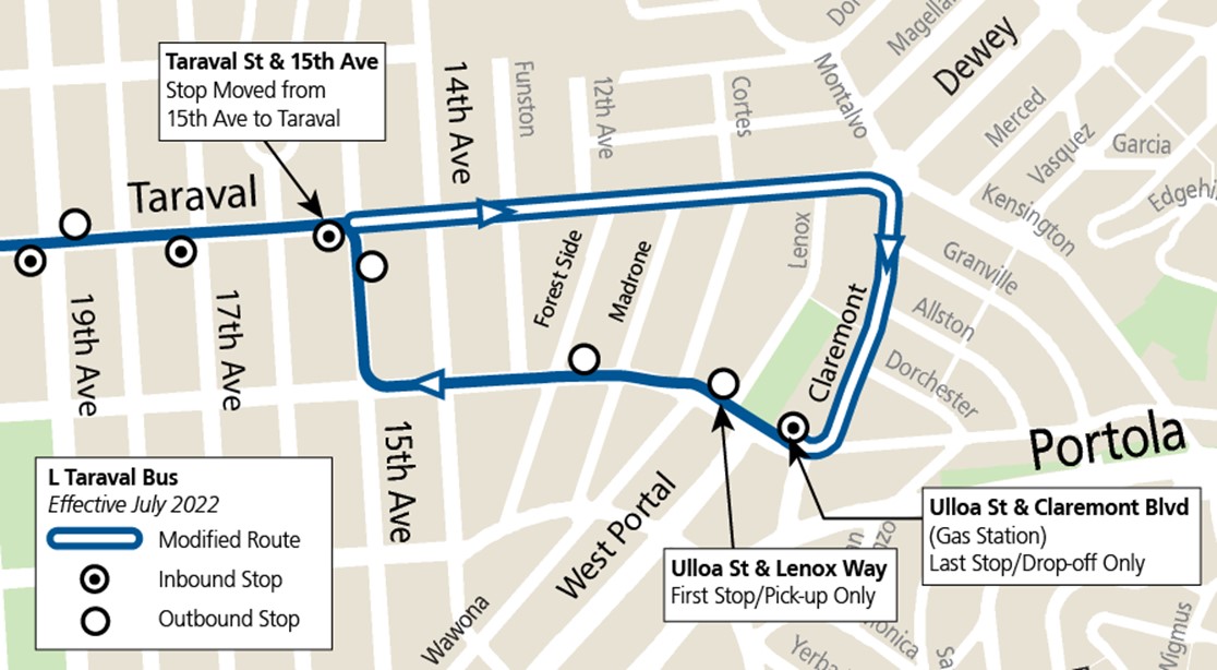L Taraval bus route with bus stop relocation to the southwest corner of 15th Ave and Taraval St
