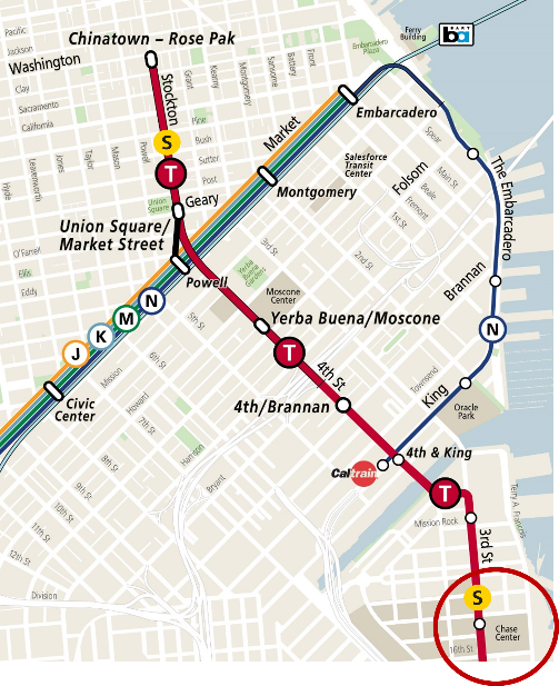 Map showing the new alignment of the T Third to Chinatown-Rose Pak Station, connecting from 4th and King streets and continuing north to Central Subway; existing Muni Metro system's J Church, K Ingleside and M Ocean terminating at Embarcadero Station; the N Judah continuing along the Embarcadero to Embarcadero & Folsom, Embarcadero & Brannan and 2nd & King and onto 4th & King; S Shuttle service between Chinatown and Chase Center.