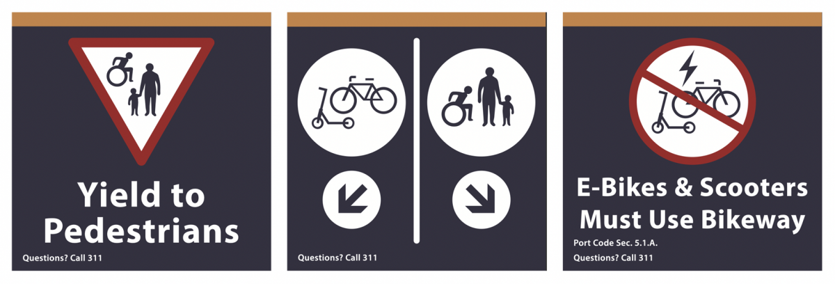 Images of three safety sign designs for the Embarcadero: (1) "Yield to Pedestrians" text below yield triangle, (2) Arrow pointing left for bikes and scooters and right for pedestrians, (2) "E-bikes & Scooters Must Use Bikeway" text below icons inside a crossed-out circle